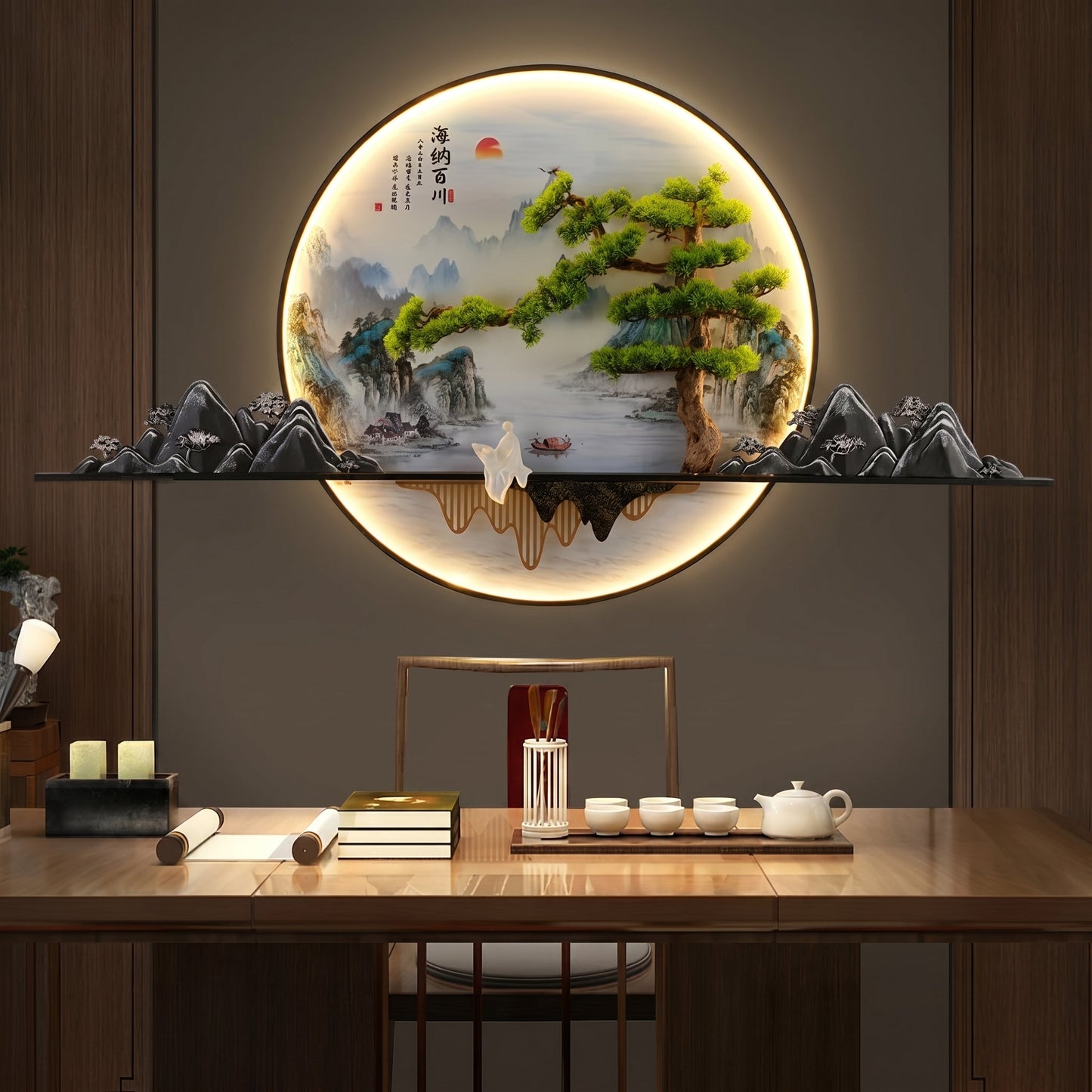 Luxury Bonsai Mountain LED Wall Art Sculpture – Modern Metal Landscape Light Decor for Living Room Bedroom Hallway Office