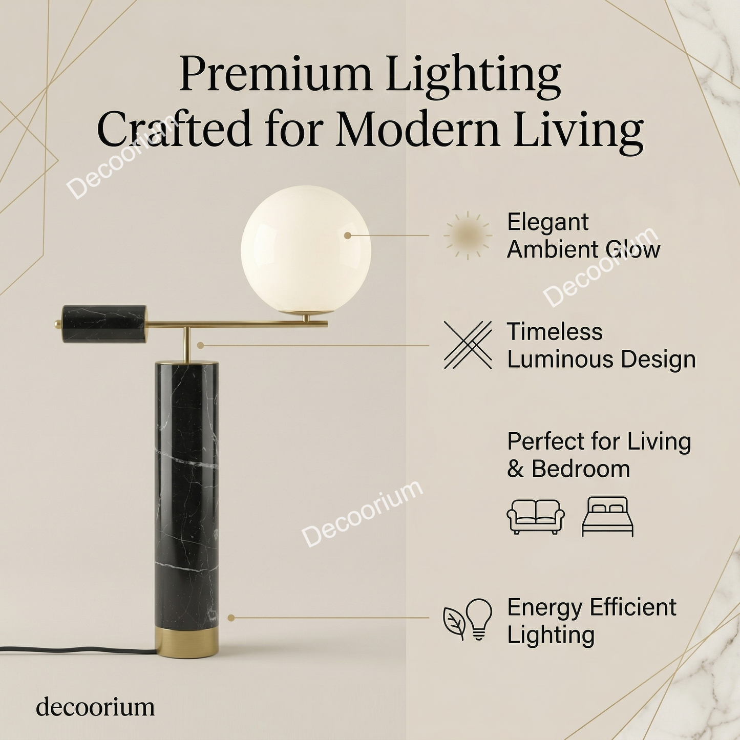 Modern Black Marble Table Lamp with Glass Globe – Luxury Brass Designer Lighting