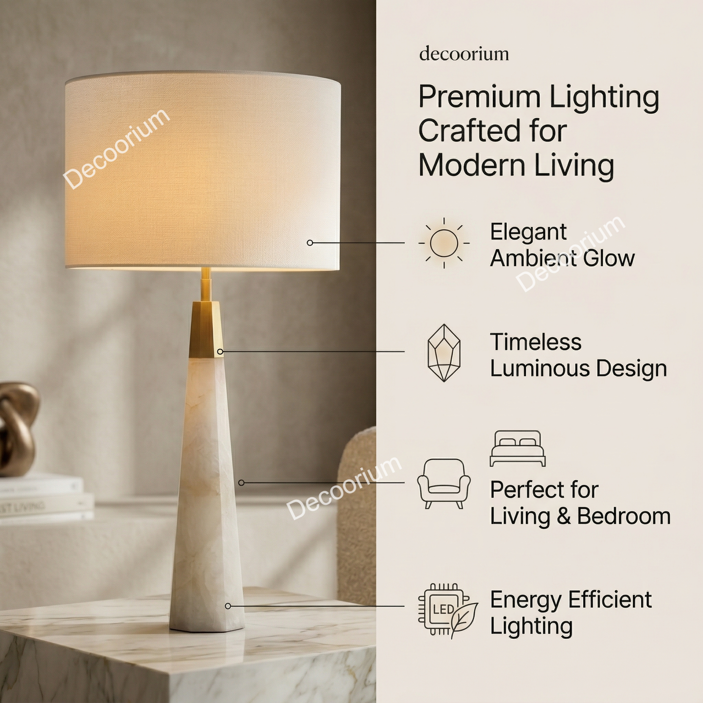 Modern Marble Table Lamp with Linen Shade – Luxury Minimalist Bedside Light for Living Room, Bedroom & Home Decor