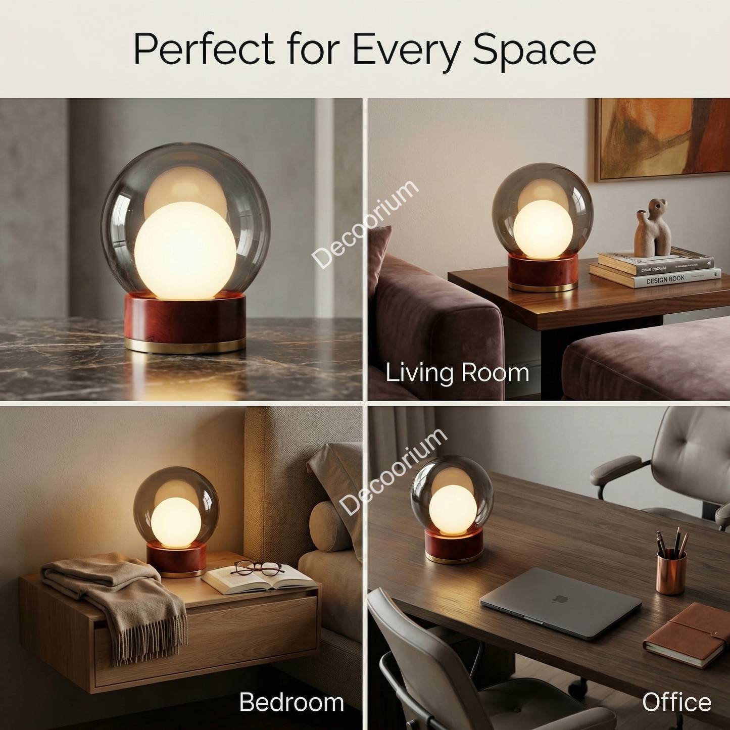 Modern Glass Globe Table Lamp with Wooden Base – Luxury Ambient Bedside Light | Designer Home Decor