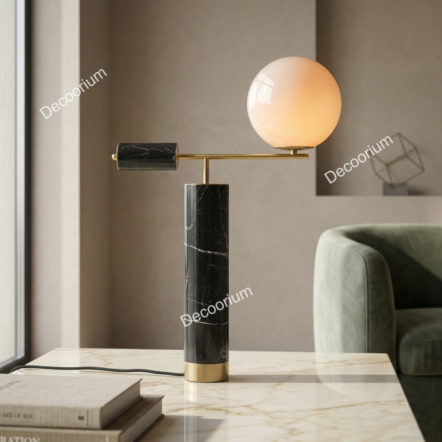 Modern Black Marble Table Lamp with Glass Globe – Luxury Brass Designer Lighting