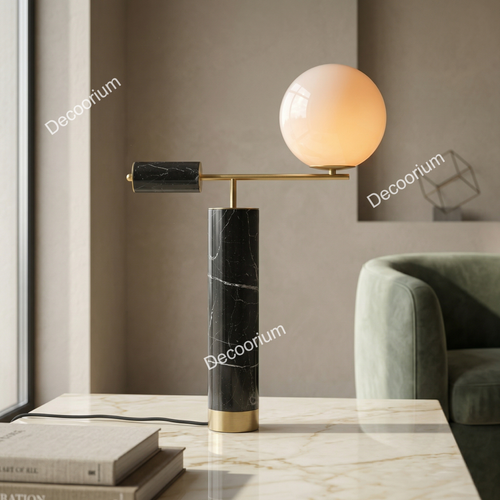 Modern Black Marble Table Lamp with Glass Globe – Luxury Brass Designer Lighting
