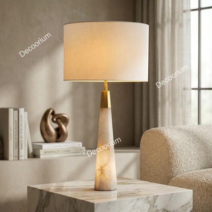 Modern Marble Table Lamp with Linen Shade – Luxury Minimalist Bedside Light for Living Room, Bedroom & Home Decor