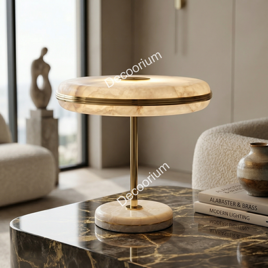 Luxury Alabaster & Brass Table Lamp – Modern Minimalist Bedside Light | Elegant Designer Home Decor