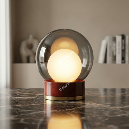 Modern Glass Globe Table Lamp with Wooden Base – Luxury Ambient Bedside Light | Designer Home Decor