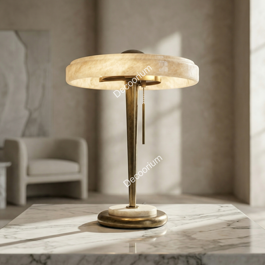 Luxury Marble & Brass Table Lamp with alabaster shade in elegant design.