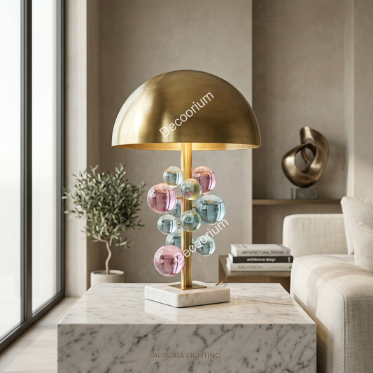Luxury Modern Brass Table Lamp with Colored Glass Orbs – Designer Statement Bedside Light | Elegant Home Decor