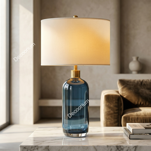 Modern Blue Glass Bedside Table Lamp – Luxury Home Decor Lighting with Premium Fabric Shade