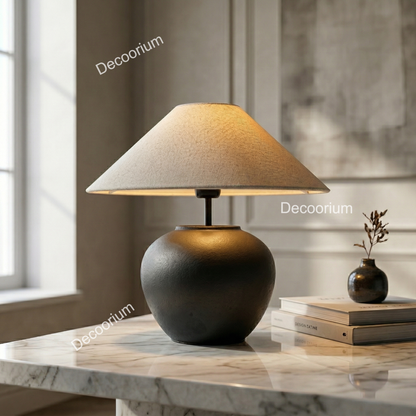 Modern Ceramic Table Lamp with Linen Shade – Minimalist Bedside & Living Room Lighting