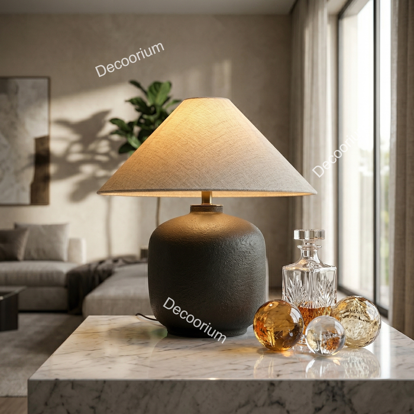 Modern Ceramic Table Lamp with Linen Shade – Minimalist Bedside & Living Room Lighting