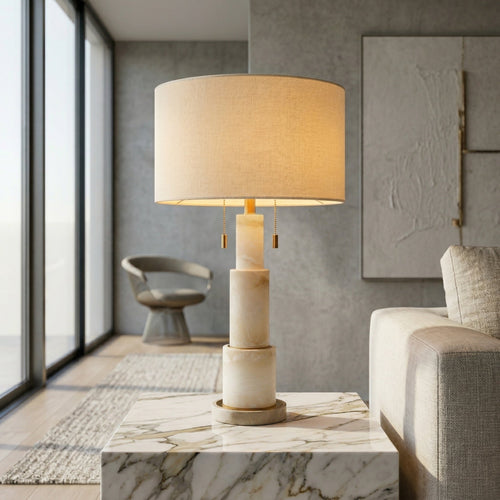 Luxury Marble Table Lamp with Fabric Shade – Modern Elegant Home Lighting