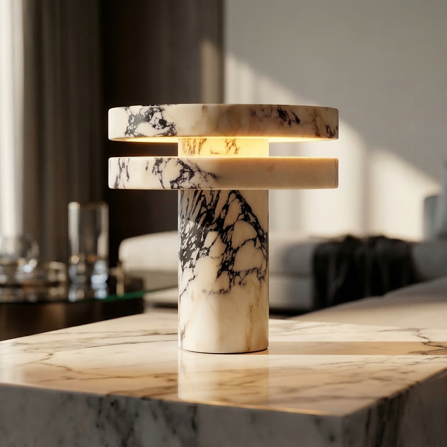 Luxury Natural Marble Table Lamp with Soft LED Light – Elegant Modern Bedside Decor Lamp