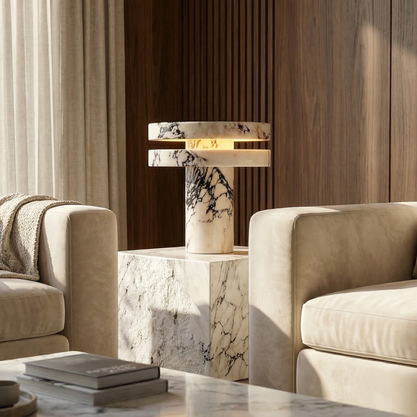 Luxury Natural Marble Table Lamp with Soft LED Light – Elegant Modern Bedside Decor Lamp