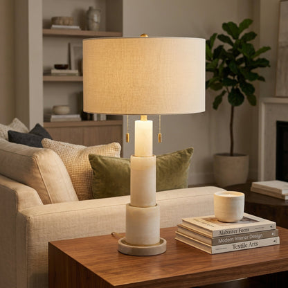 Luxury Marble Table Lamp with Fabric Shade – Modern Elegant Home Lighting