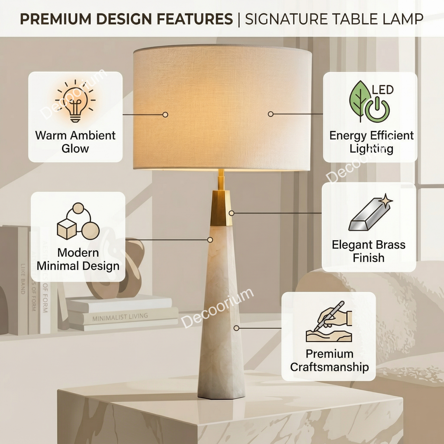 Modern Marble Table Lamp with Linen Shade – Luxury Minimalist Bedside Light for Living Room, Bedroom & Home Decor