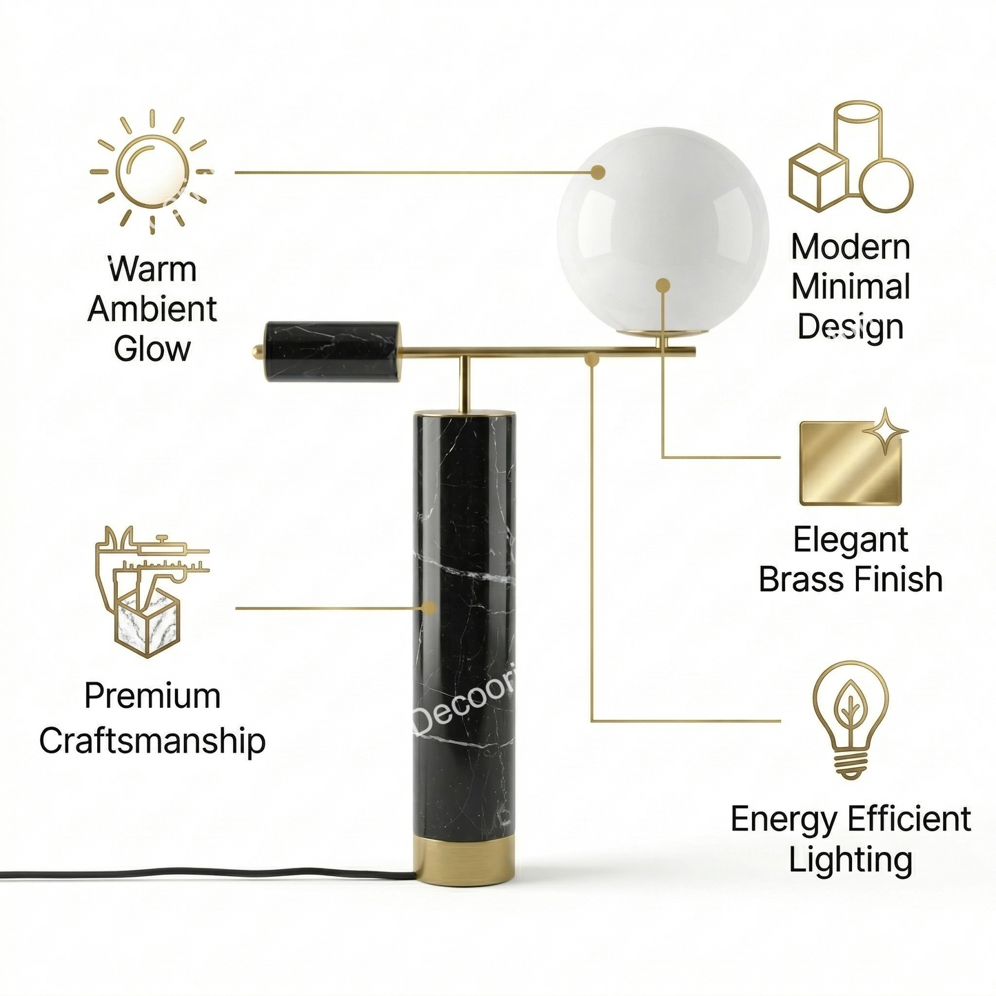 Modern Black Marble Table Lamp with Glass Globe – Luxury Brass Designer Lighting