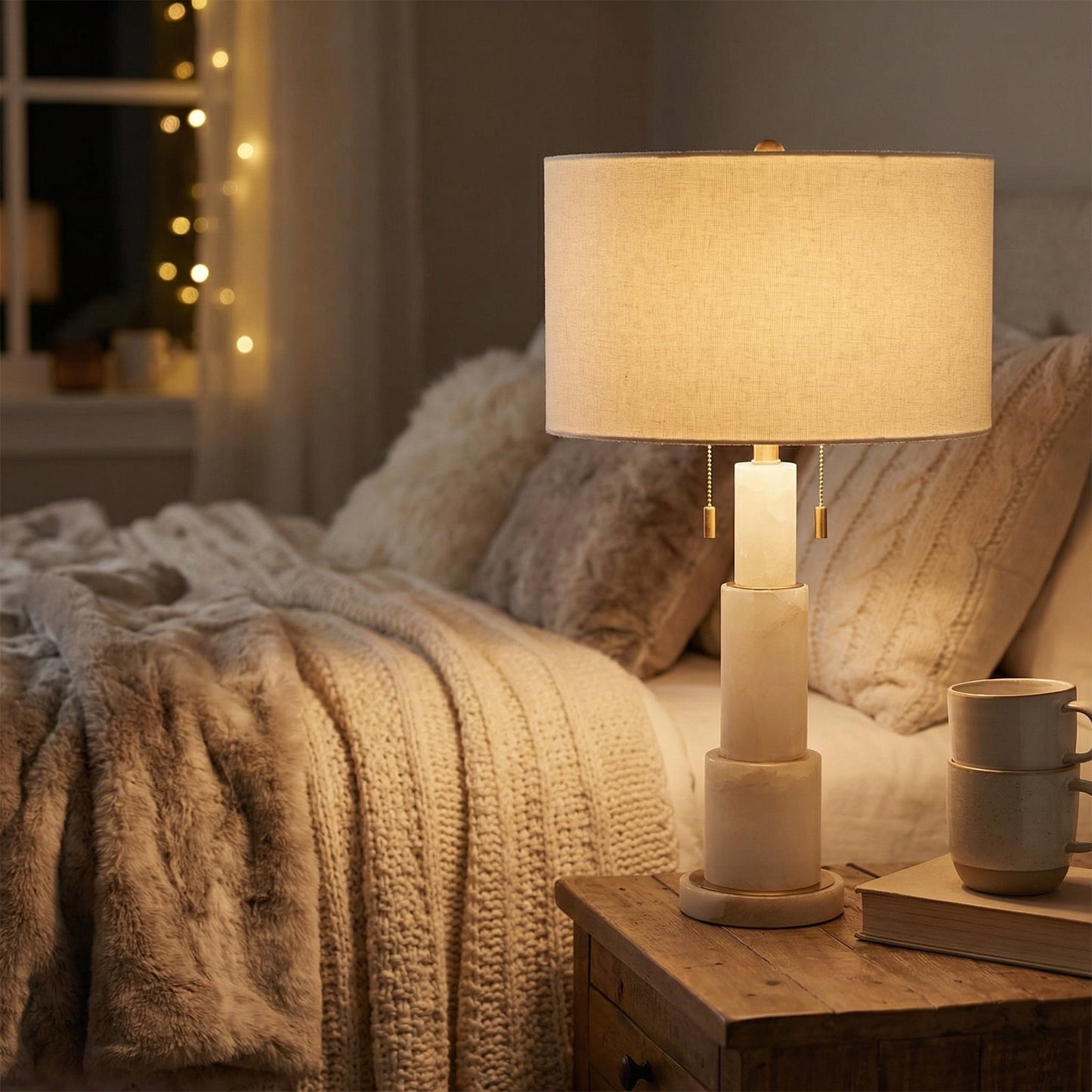 Luxury Marble Table Lamp with Fabric Shade – Modern Elegant Home Lighting