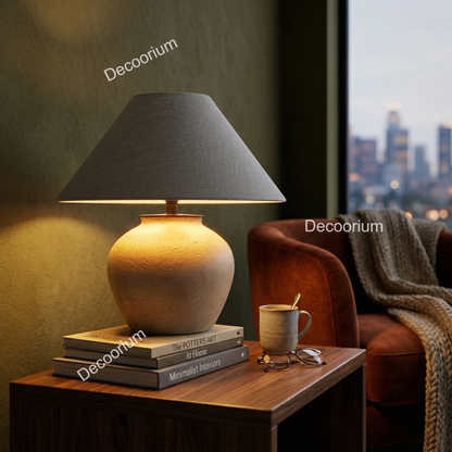 Modern Ceramic Table Lamp with Linen Shade – Minimalist Bedside & Living Room Lighting