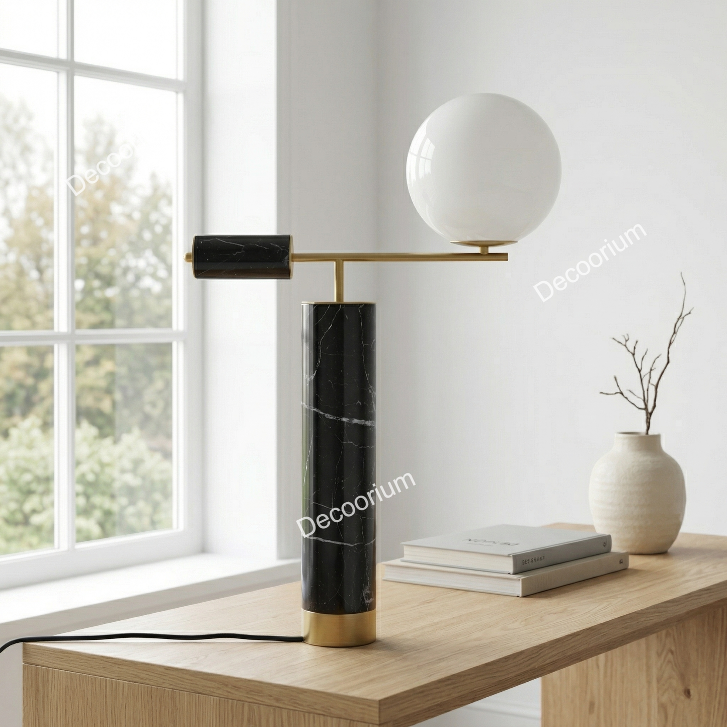 Modern Black Marble Table Lamp with Glass Globe – Luxury Brass Designer Lighting