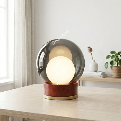 Modern Glass Globe Table Lamp with Wooden Base – Luxury Ambient Bedside Light | Designer Home Decor