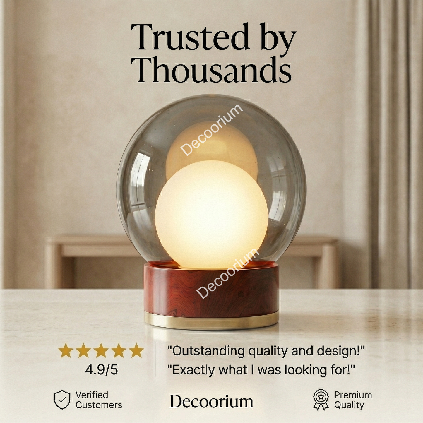 Modern Glass Globe Table Lamp with Wooden Base – Luxury Ambient Bedside Light | Designer Home Decor