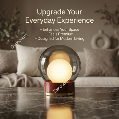 Modern Glass Globe Table Lamp with Wooden Base – Luxury Ambient Bedside Light | Designer Home Decor