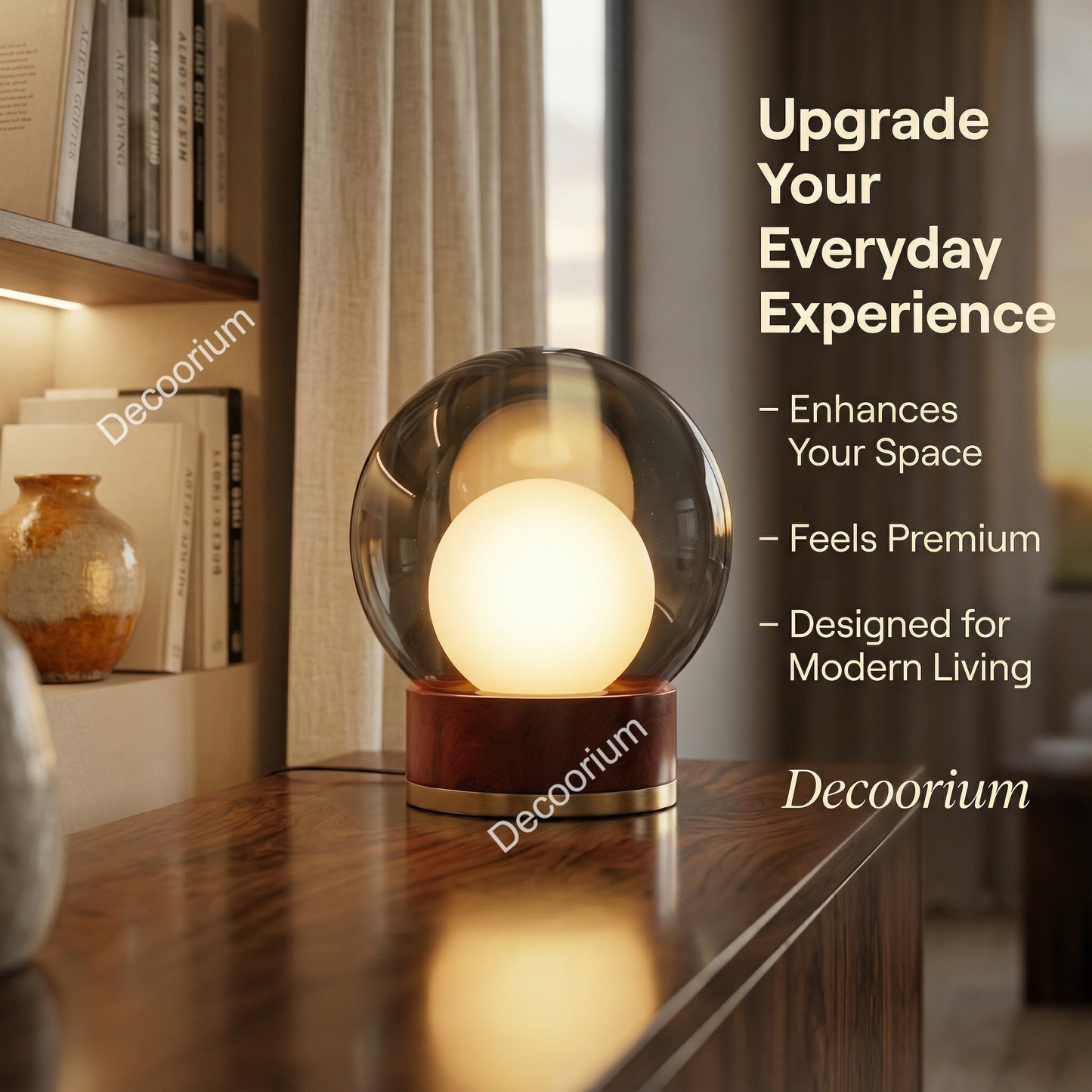 Modern Glass Globe Table Lamp with Wooden Base – Luxury Ambient Bedside Light | Designer Home Decor