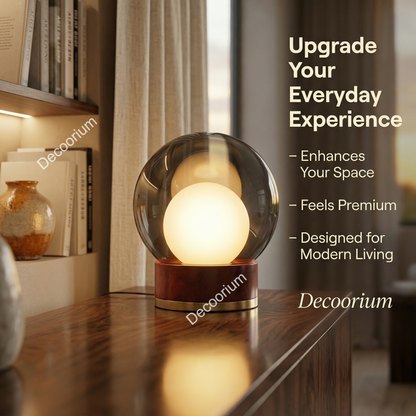 Modern Glass Globe Table Lamp with Wooden Base – Luxury Ambient Bedside Light | Designer Home Decor