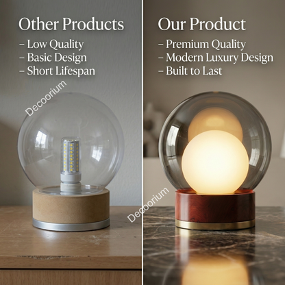 Modern Glass Globe Table Lamp with Wooden Base – Luxury Ambient Bedside Light | Designer Home Decor